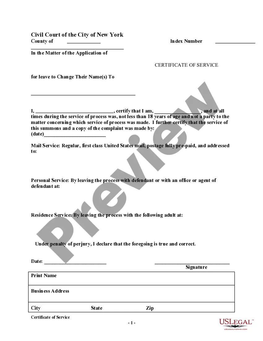 Preview Certificate of Service - Family Name Change