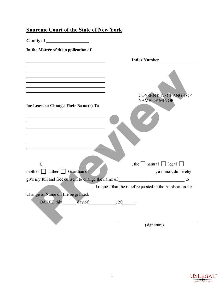 page 0 Consent to Change of Name for Minor by Parent or Guardian - Family Name Change preview