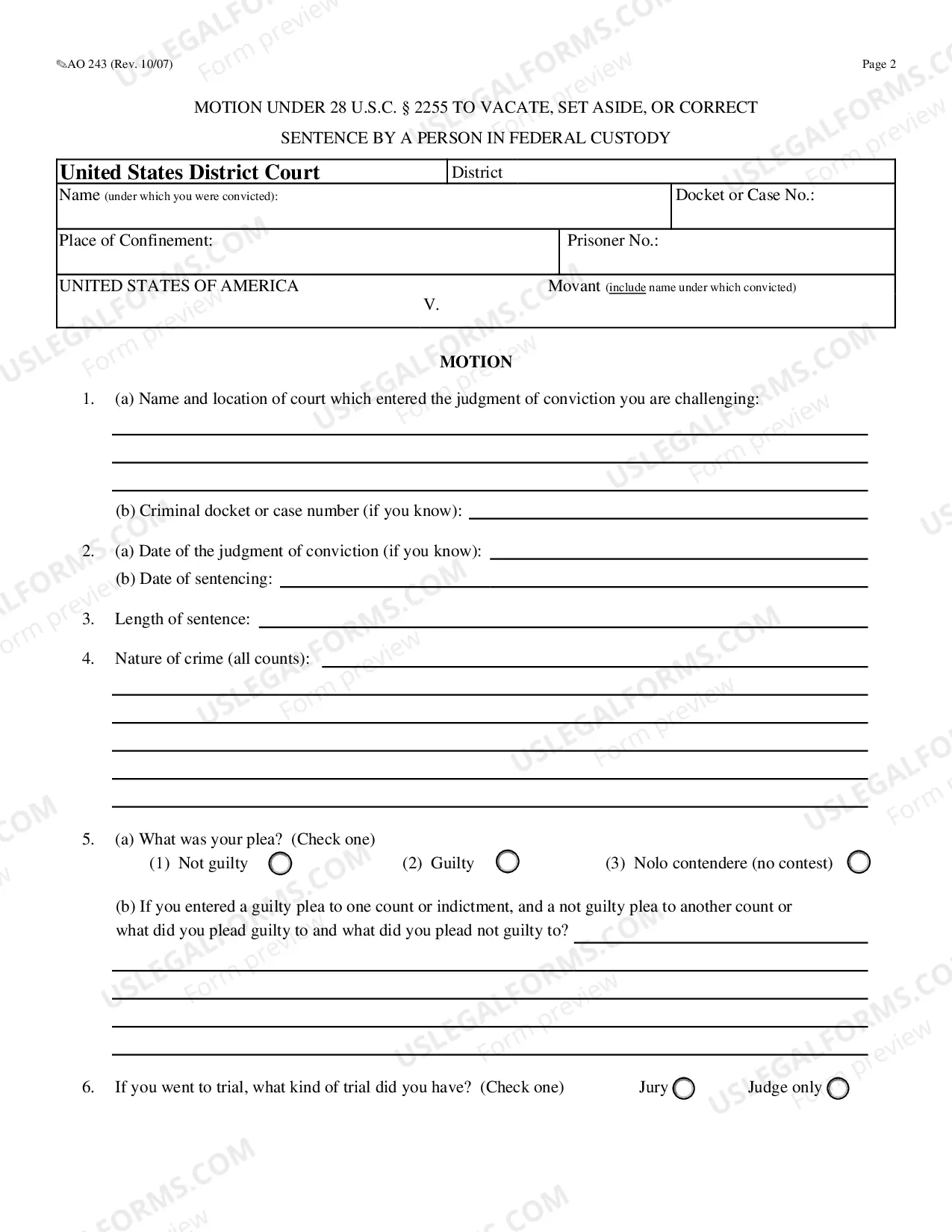 Preview Motion Under 28 USC 2255 to Vacate, Set Aside, or Correct Sentence