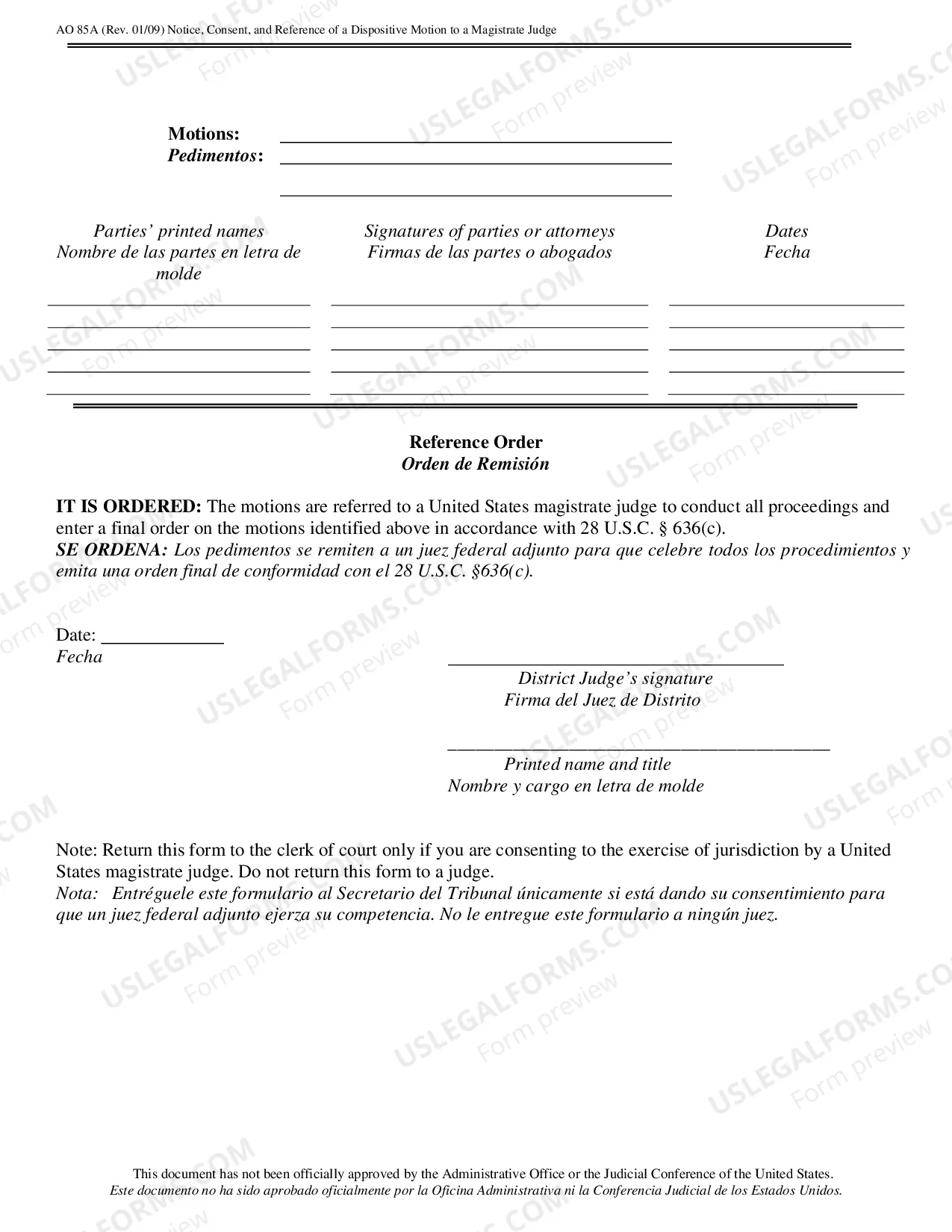 Preview AO 85A - Notice, Consent and Reference of Dispositive Motion to Magistrate (Spanish)