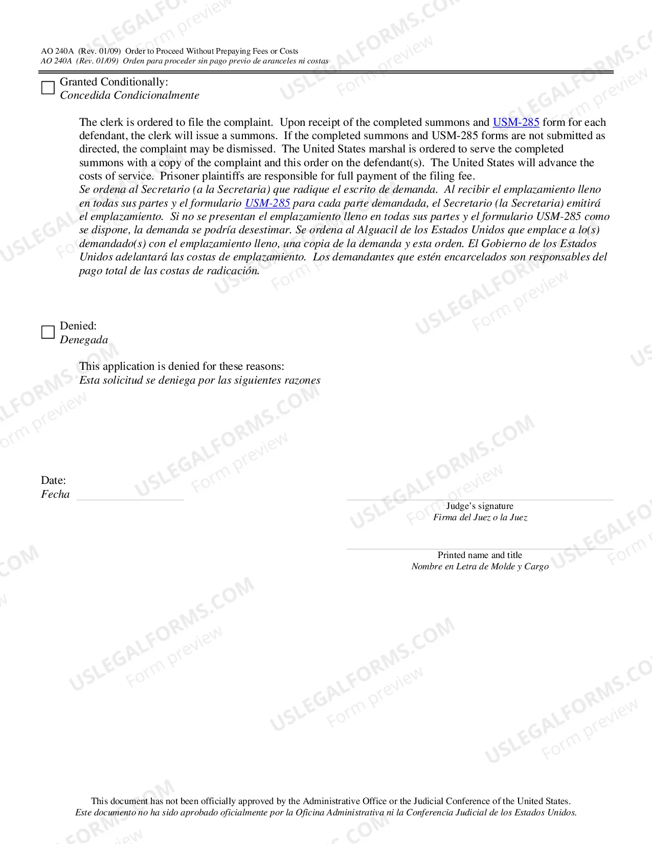Preview Order to Proceed Without Prepaying Fees/Costs