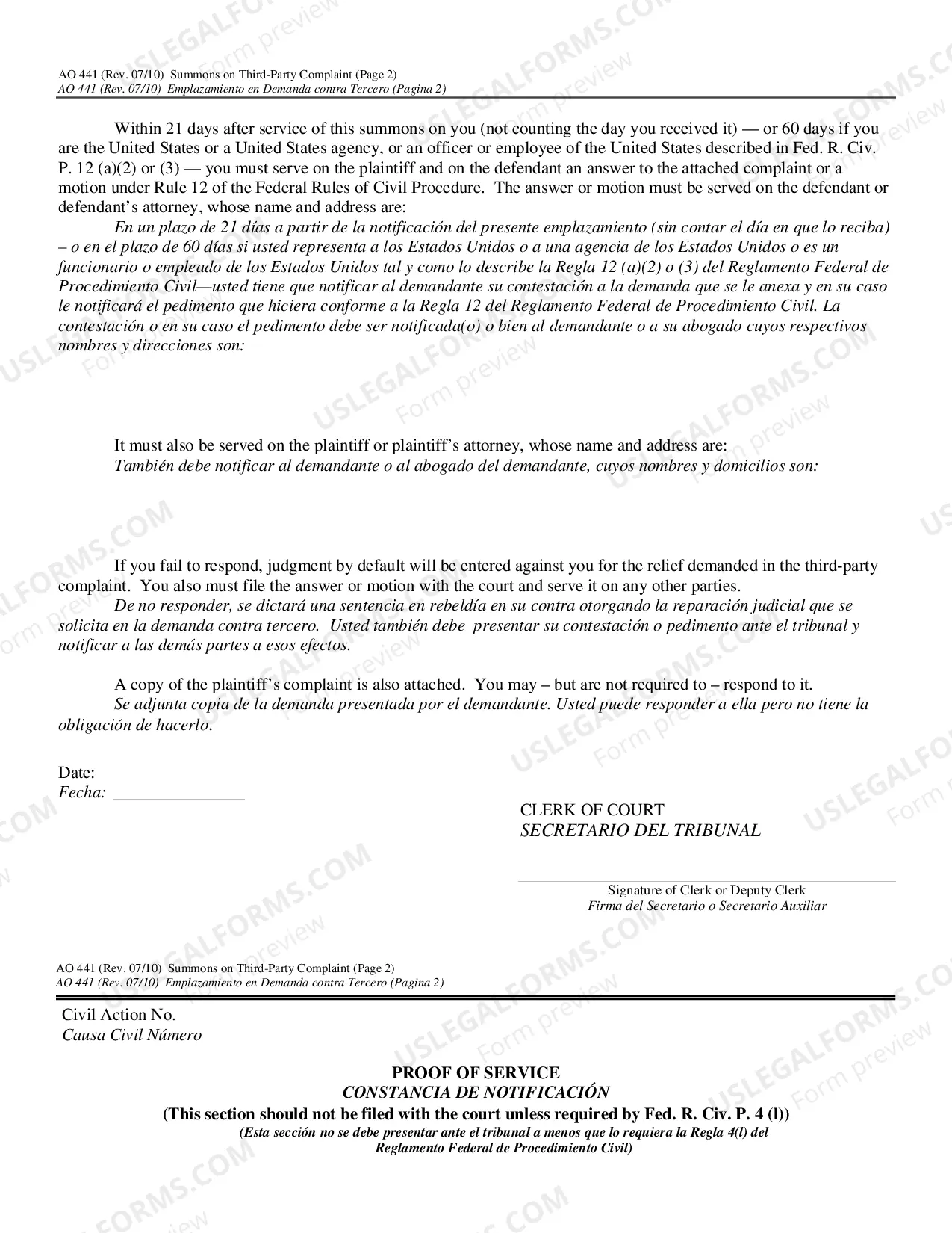 Preview Summons on a Third Party Complaint
