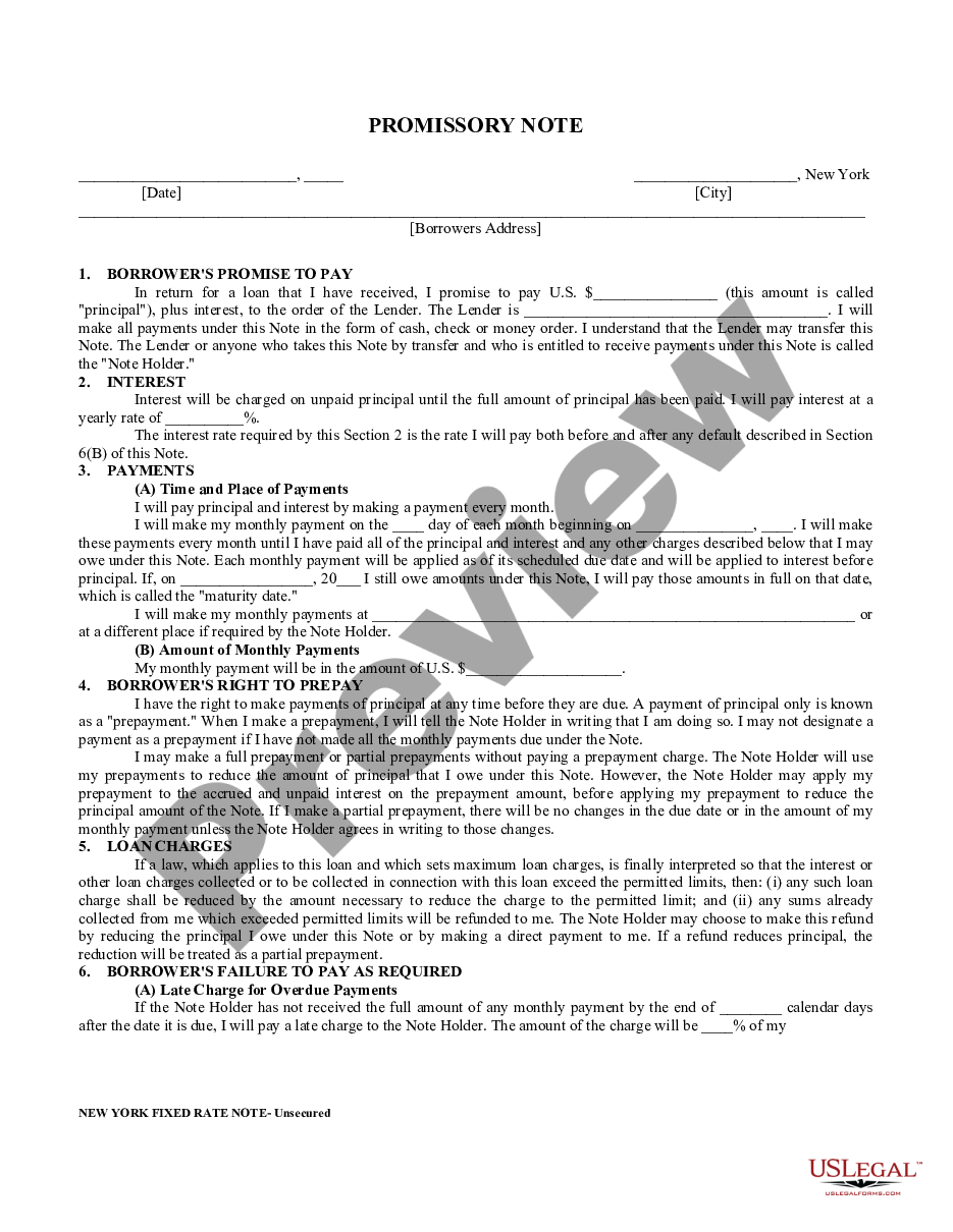 form New York Unsecured Installment Payment Promissory Note for Fixed Rate preview