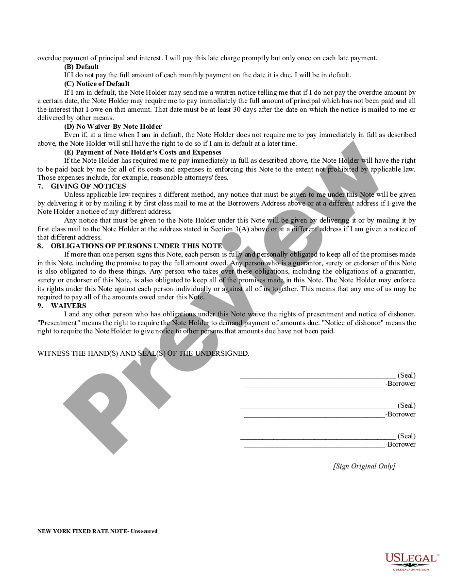 page 1 New York Unsecured Installment Payment Promissory Note for Fixed Rate preview
