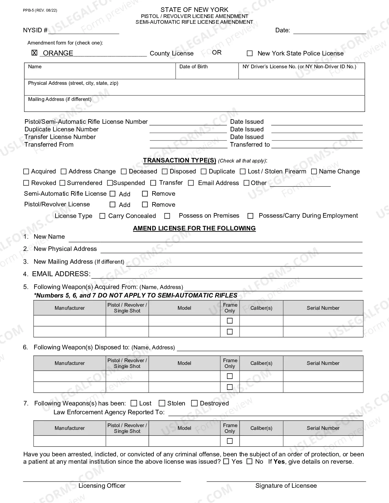 Preview Pistol Permit Amendment Form