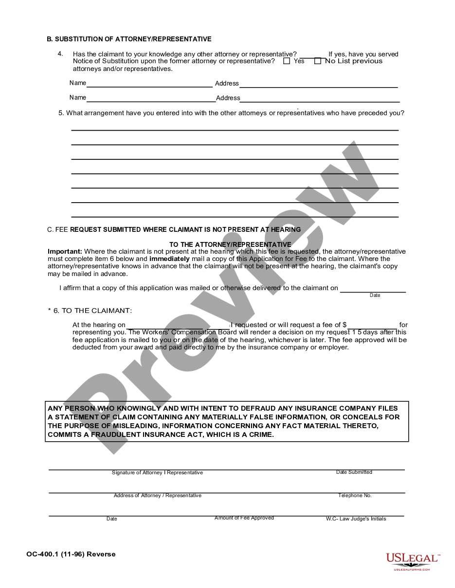 page 1 Application for a Fee by Claimant's Attorney or Representative for Workers' Compensation preview