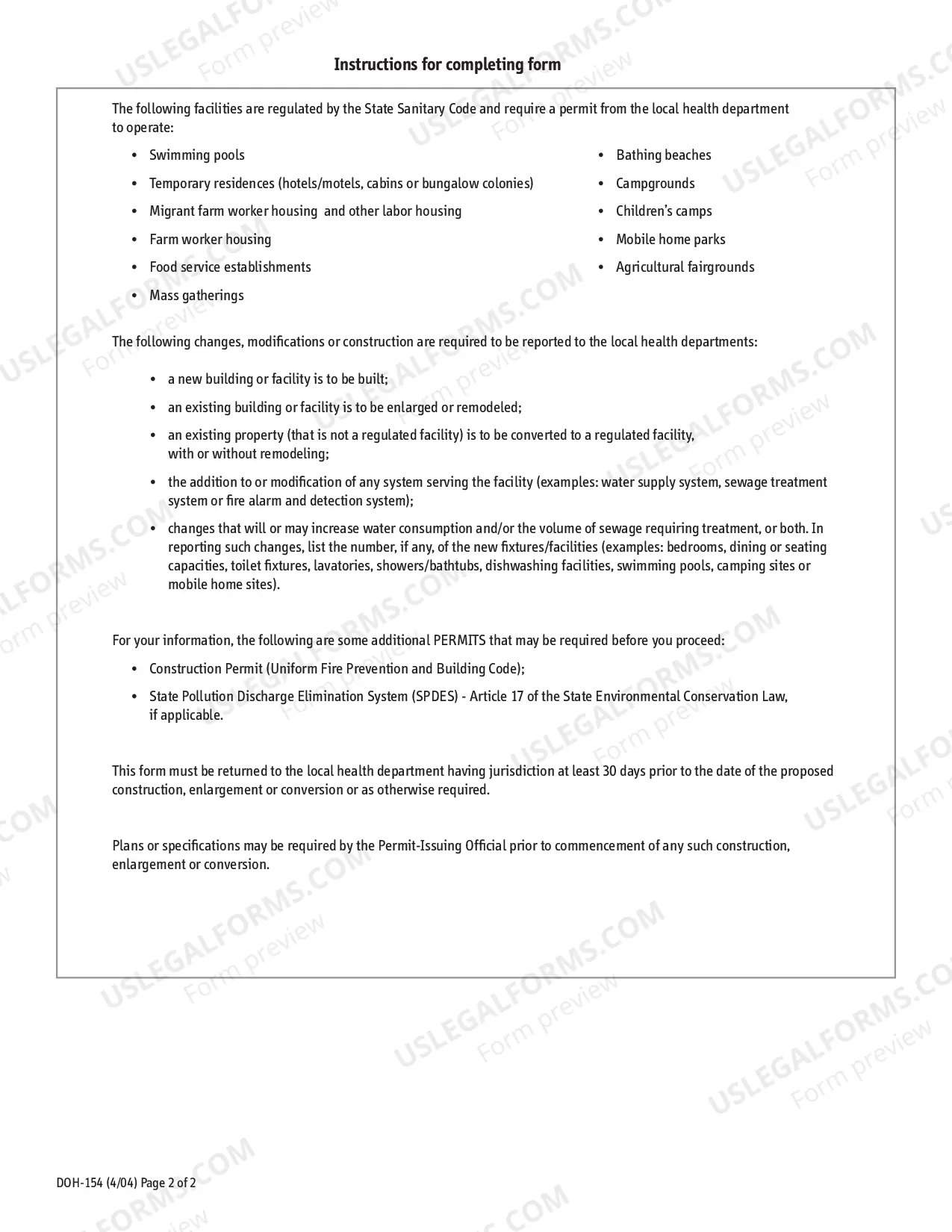 Preview Notice of Intent to construct, enlarge, or convert for occupancy or use (DOH 154)