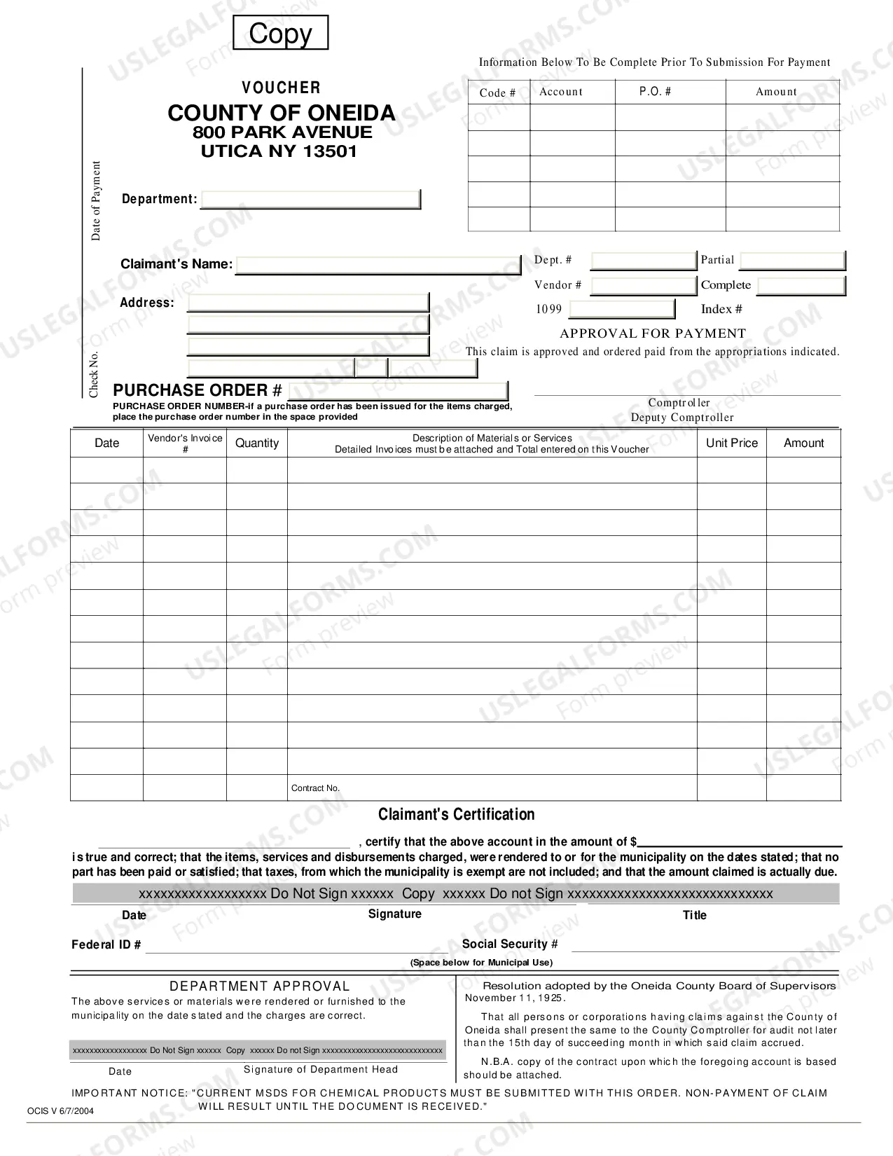 Preview Voucher for Oneida County