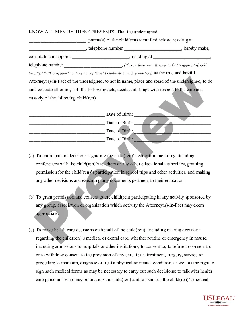 Preview General Power of Attorney for Care and Custody of Child or Children