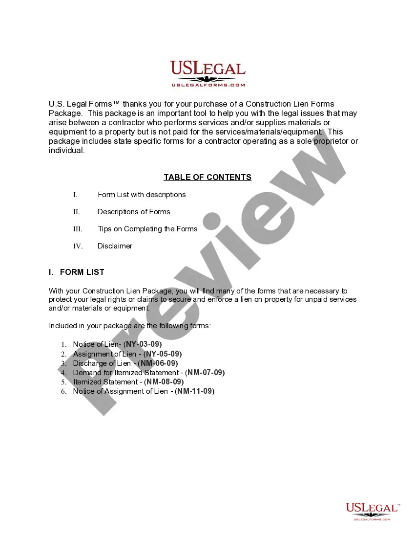 Preview New York Construction or Mechanics Lien Package - Individual