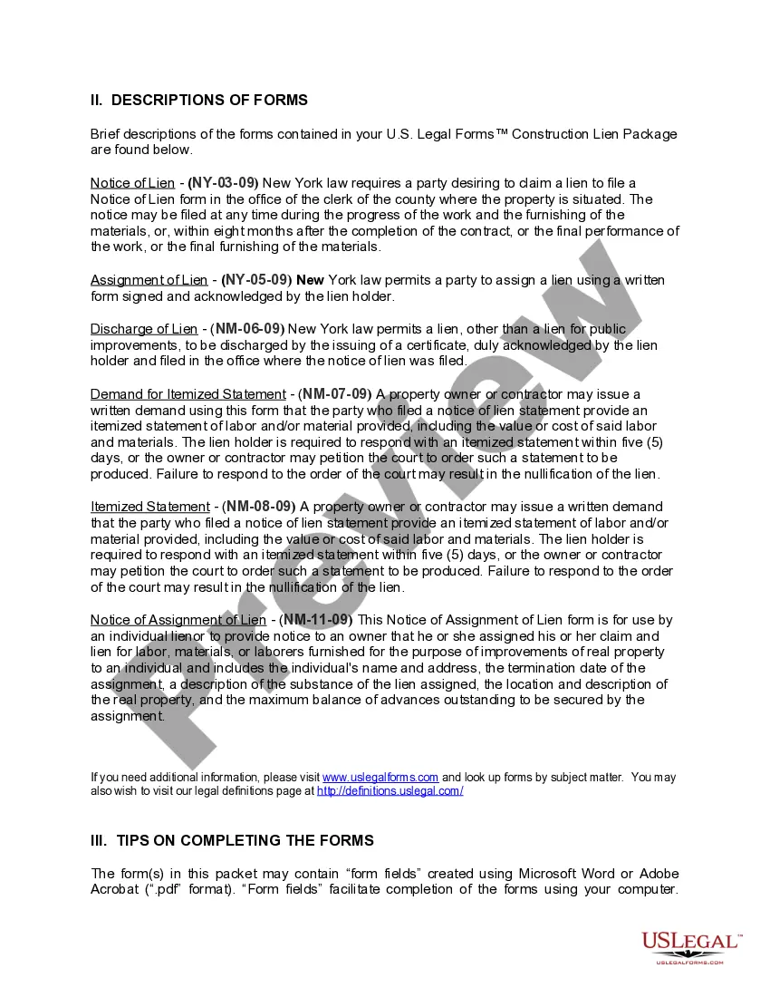 Preview New York Construction or Mechanics Lien Package - Individual