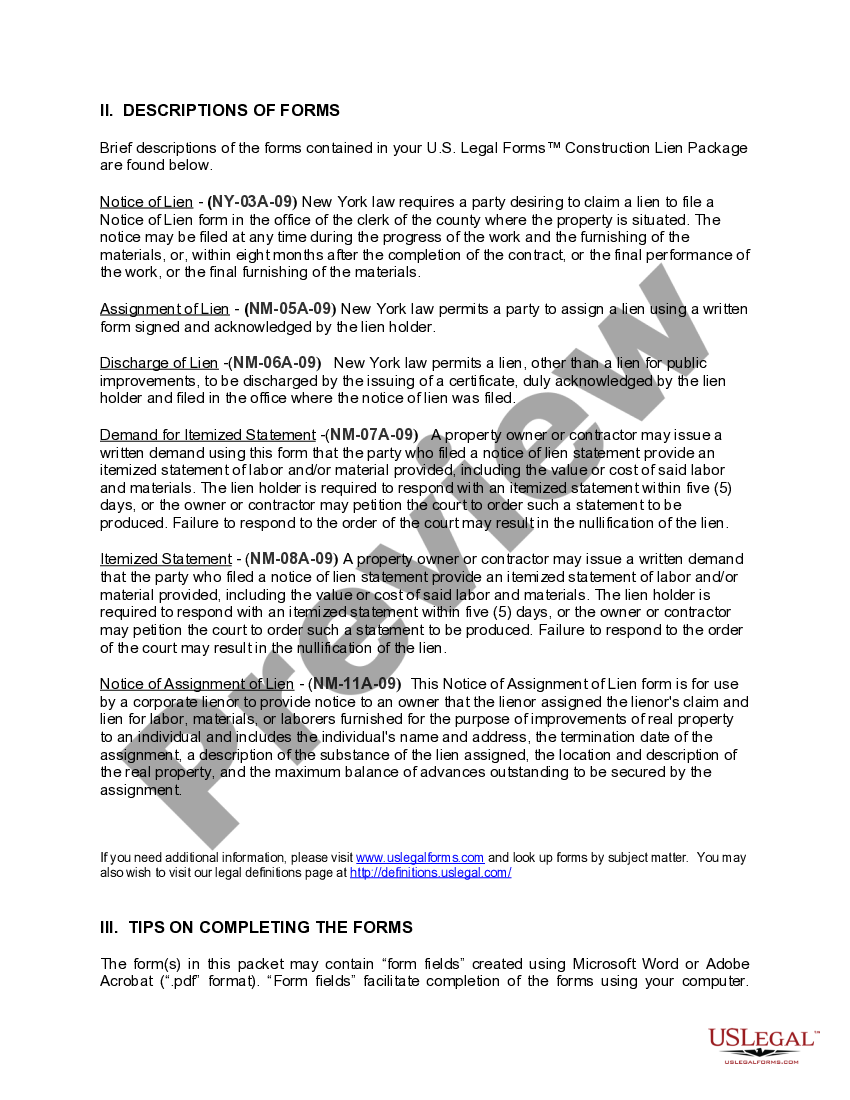 New York Construction or Mechanics Lien Package Ny Mechanics Lien