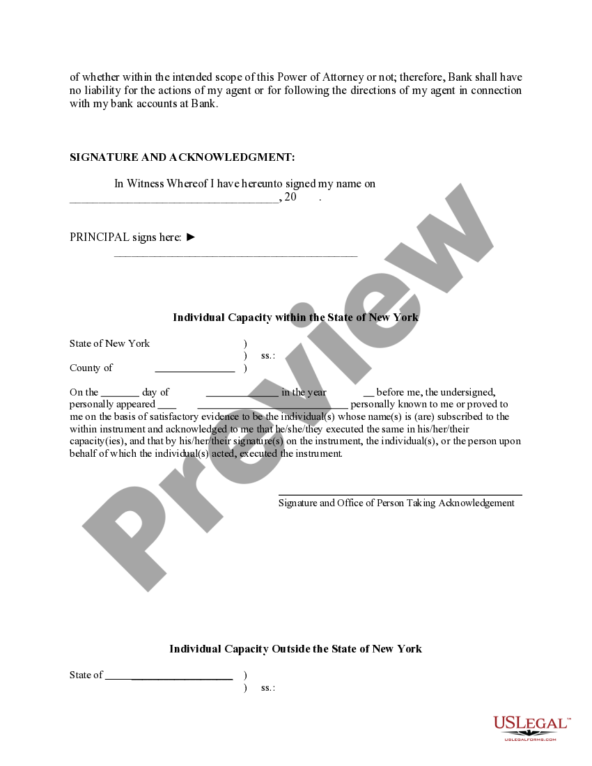 New York Special Durable Power of Attorney for Bank Account Matters