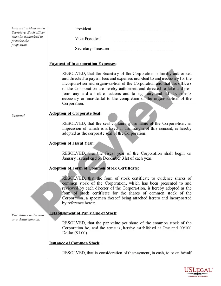 Preview Organizational Minutes for a Professional Service Corporation