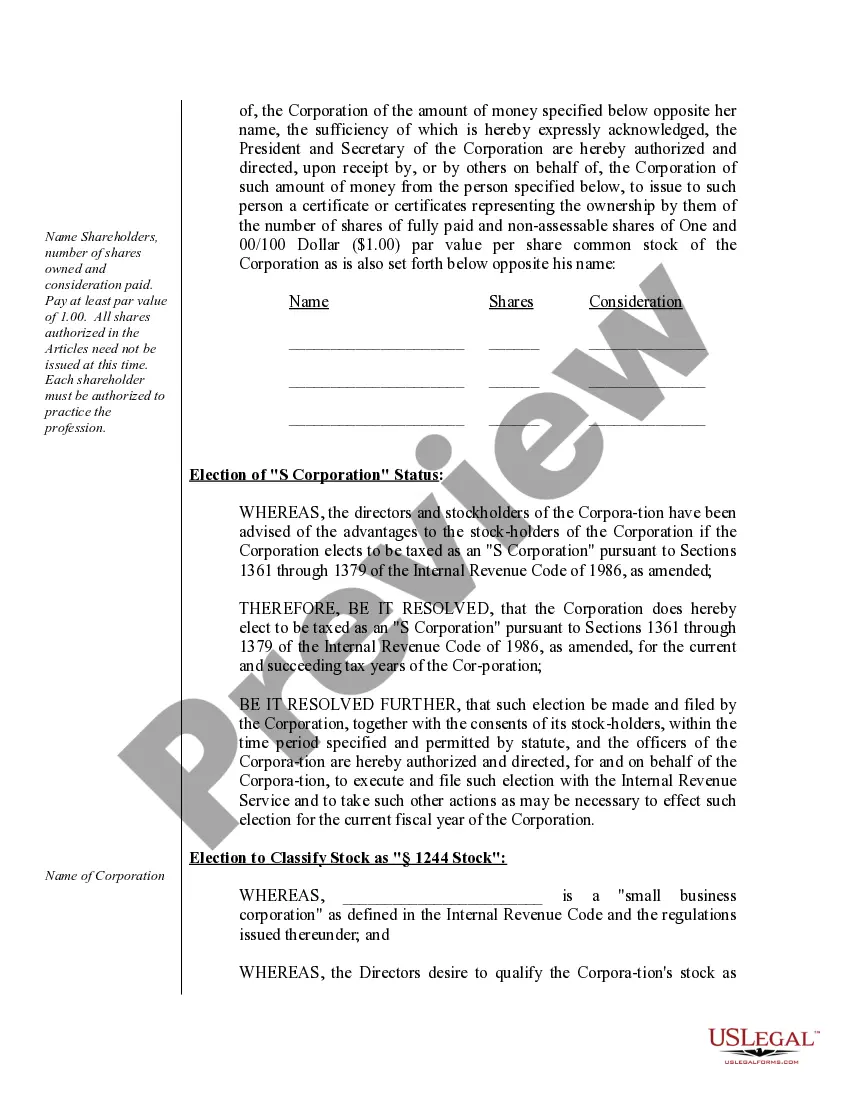 Preview Organizational Minutes for a Professional Service Corporation