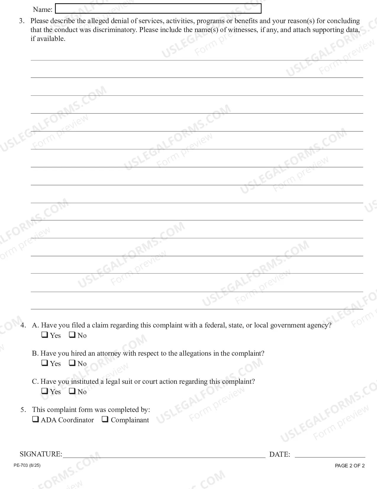 Preview Americans with Disabilities Act Complaint Form