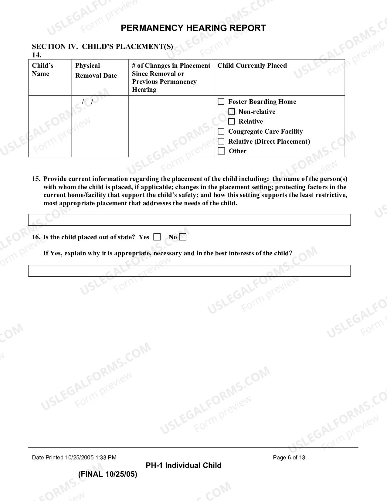 Preview Permanency Hearing Report (Individual Child)