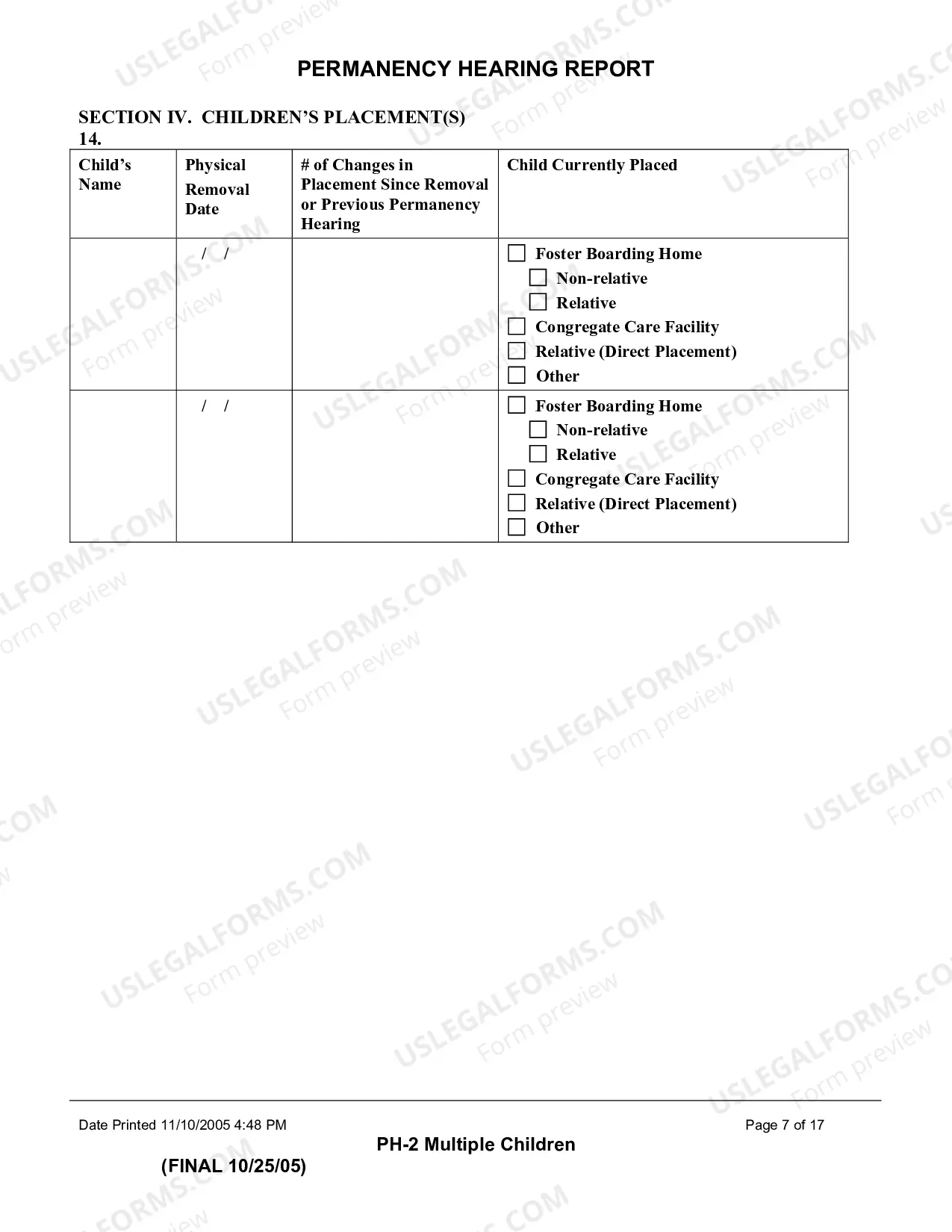 Preview Permanency Hearing Report (Multiple Children)