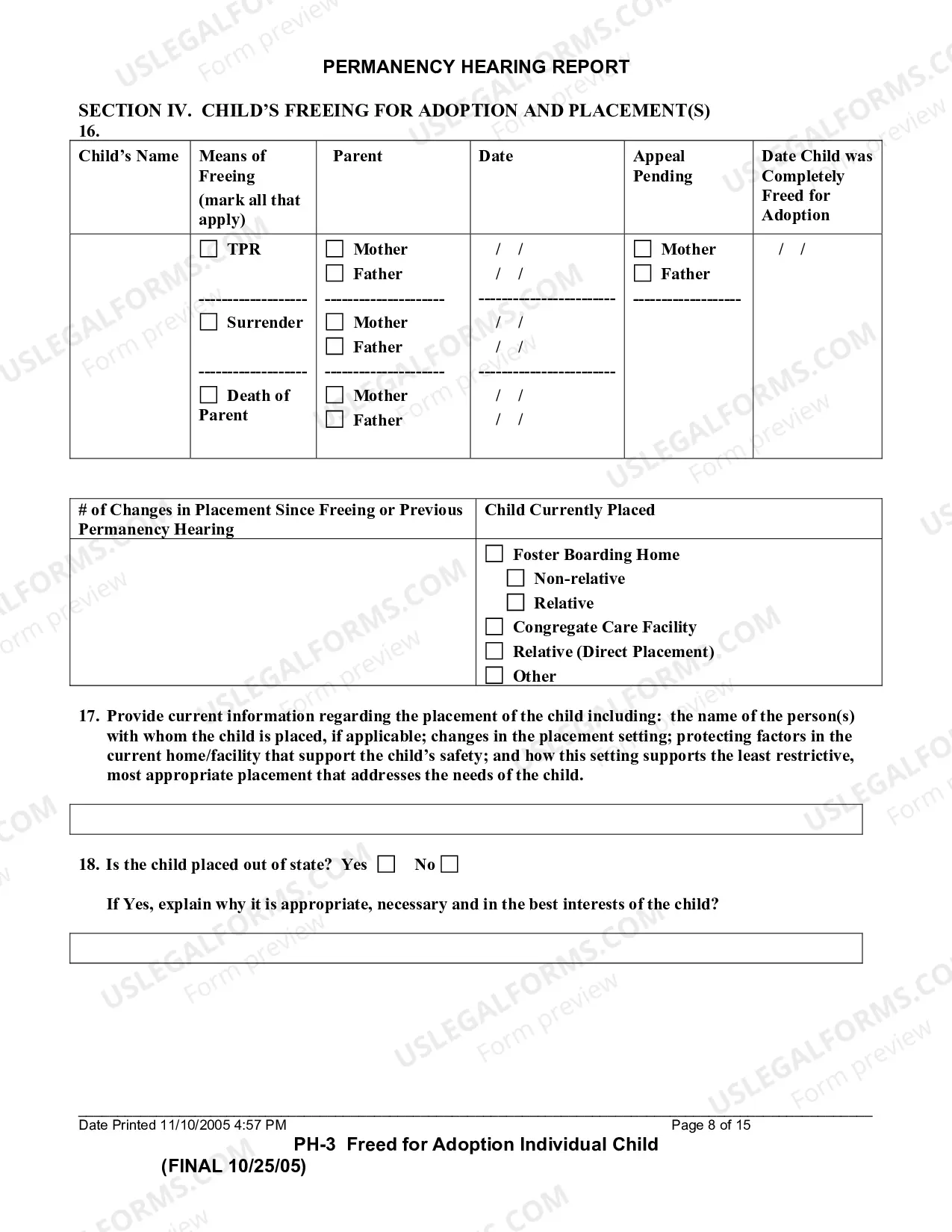 Preview Permanency Hearing Report (Child Freed For Adoption)