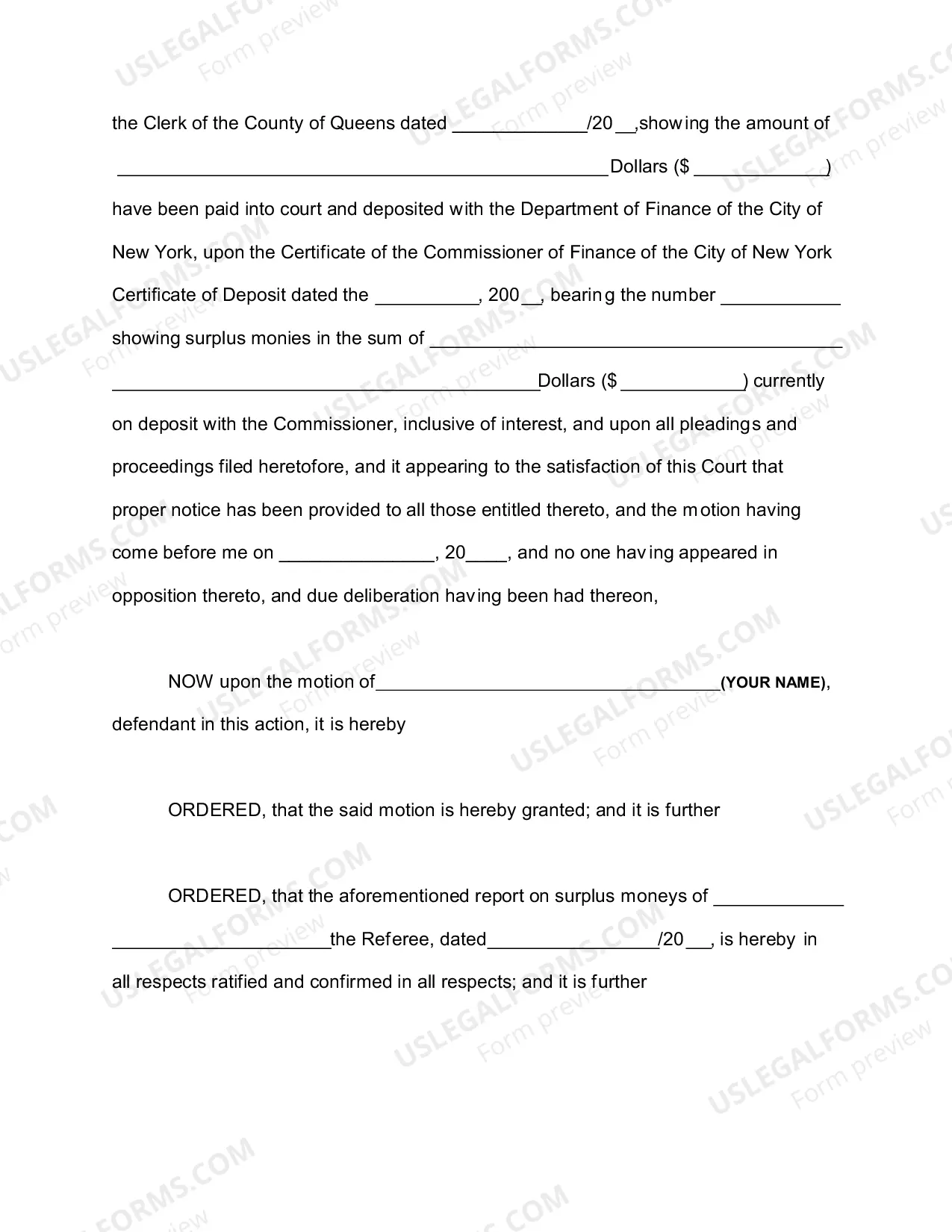 Preview Order Confirming the Referee's Report on Surplus Moneys and Directing the Distributionof Surplus Moneys