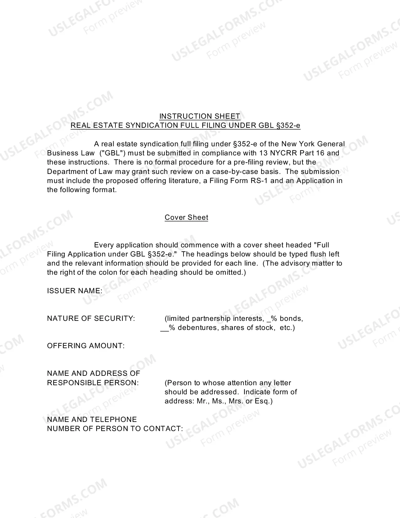 Preview Instruction Sheet for Real Estate Syndication Full Filing Under GBL 352-e