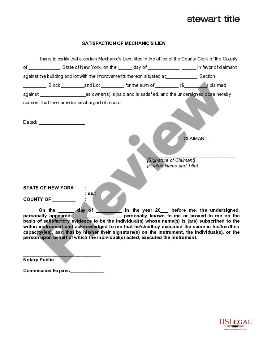 New York Satisfaction of Mechanics's Lien US Legal Forms