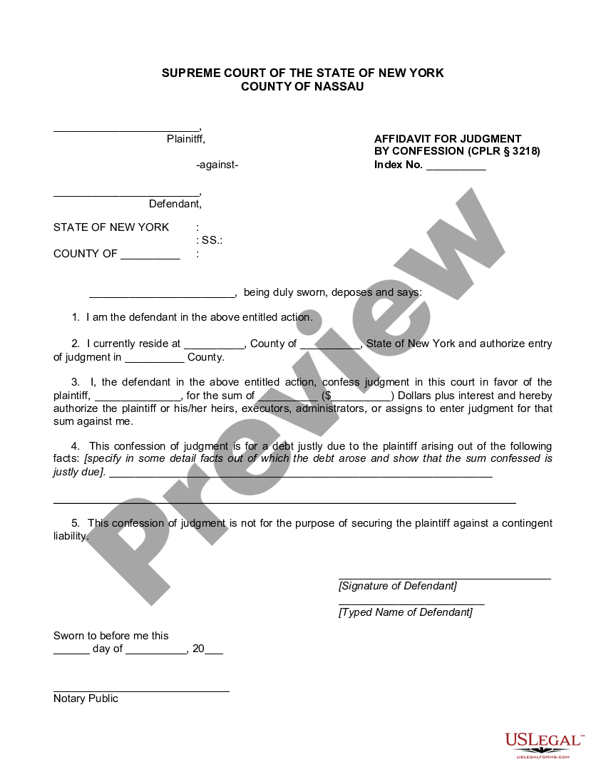 New York Affidavit for Judgment by Confession | US Legal Forms