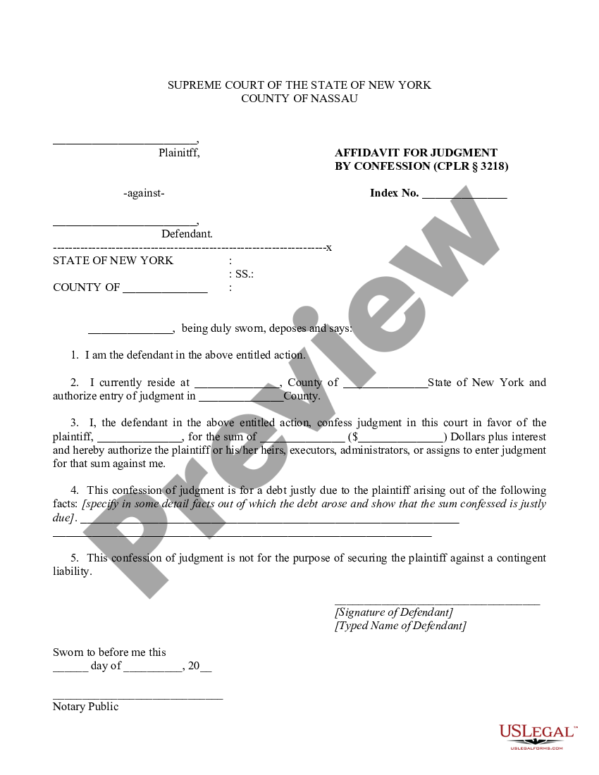 New York Affidavit For Judgment By Confession | US Legal Forms