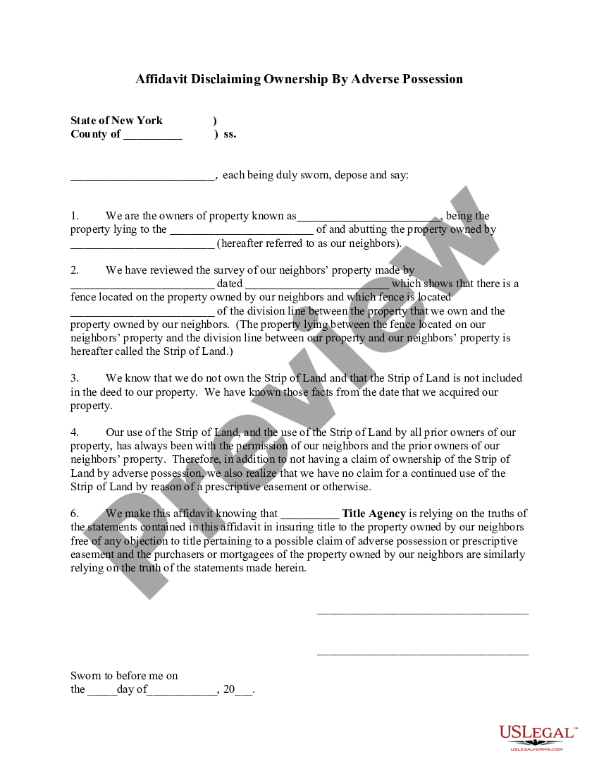 New York Affidavit Disclaiming Ownership By Adverse Possession Us Legal Forms 4914