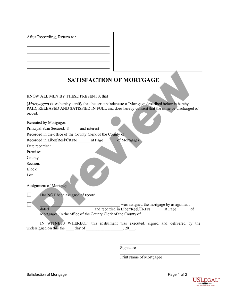 form Satisfaction - Release of Mortgage by Mortgagee - Individual Lender or Holder preview