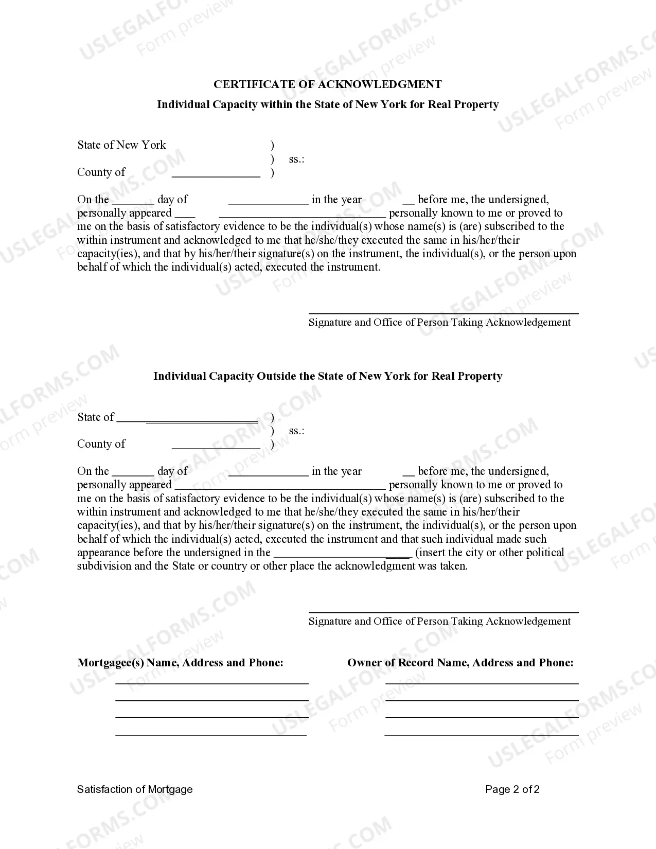 Preview Satisfaction - Release of Mortgage by Mortgagee - Individual Lender or Holder