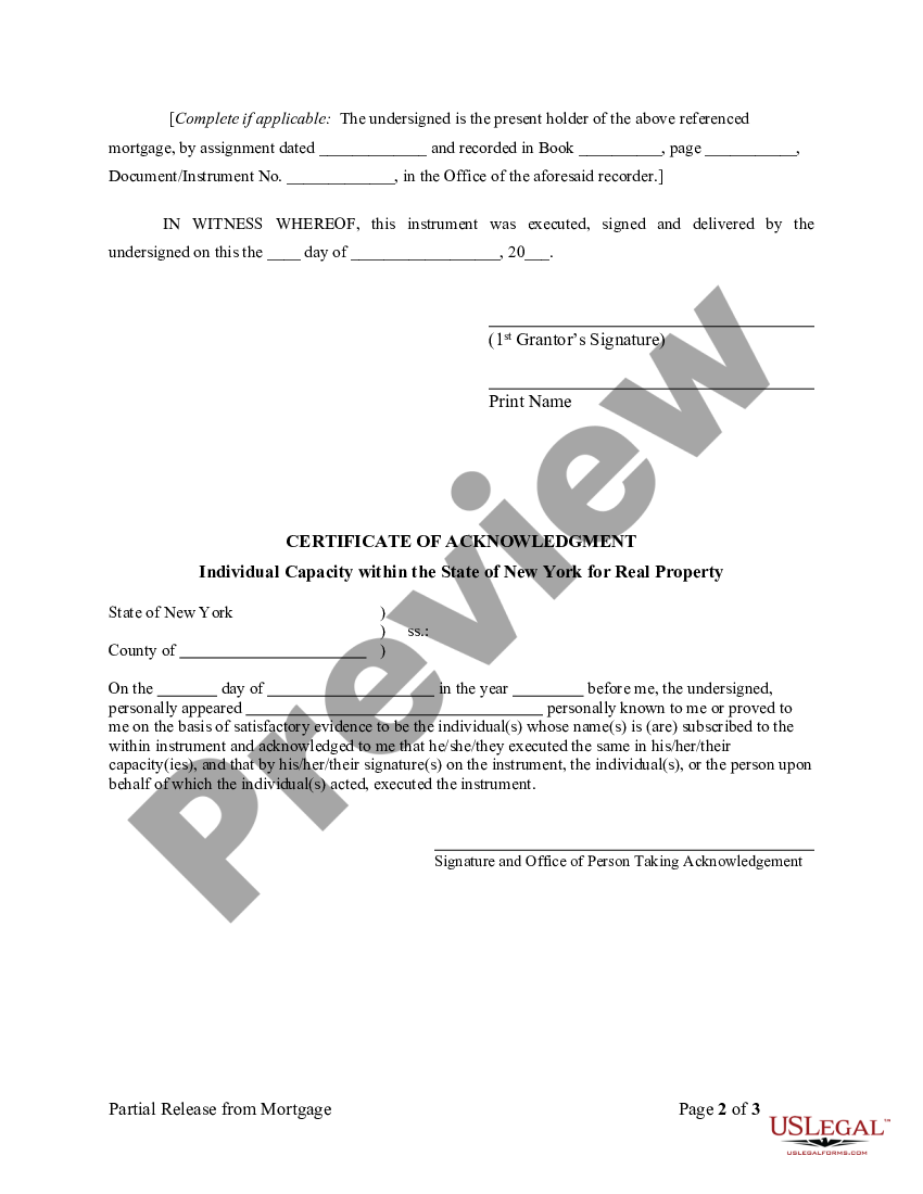 page 1 Partial Release of Property From Mortgage by Individual Holder preview