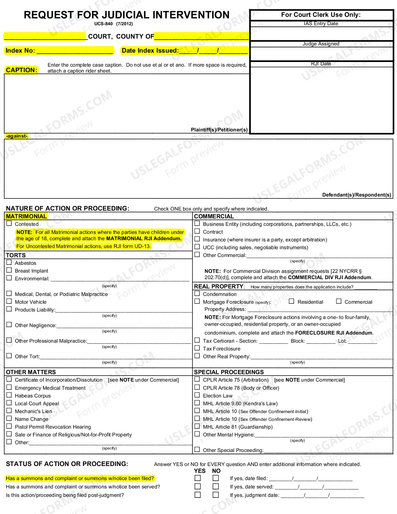 Preview How to File a Request for Judicial Intervention, Matrimonial Action Only