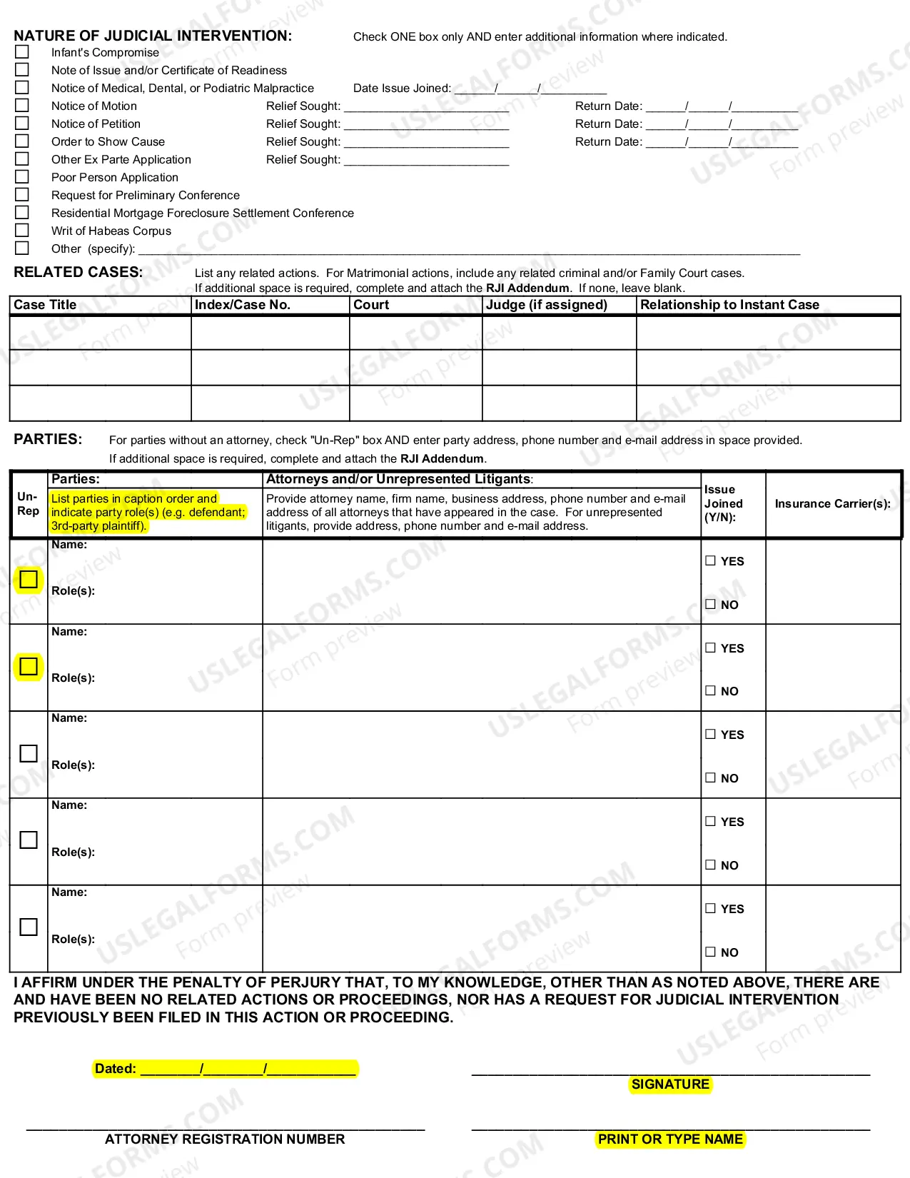 Preview How to File a Request for Judicial Intervention, Matrimonial Action Only