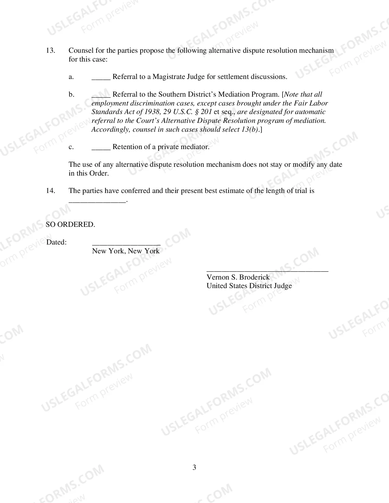 Preview Case Management Plan And Scheduling Order (Judge Broderick)