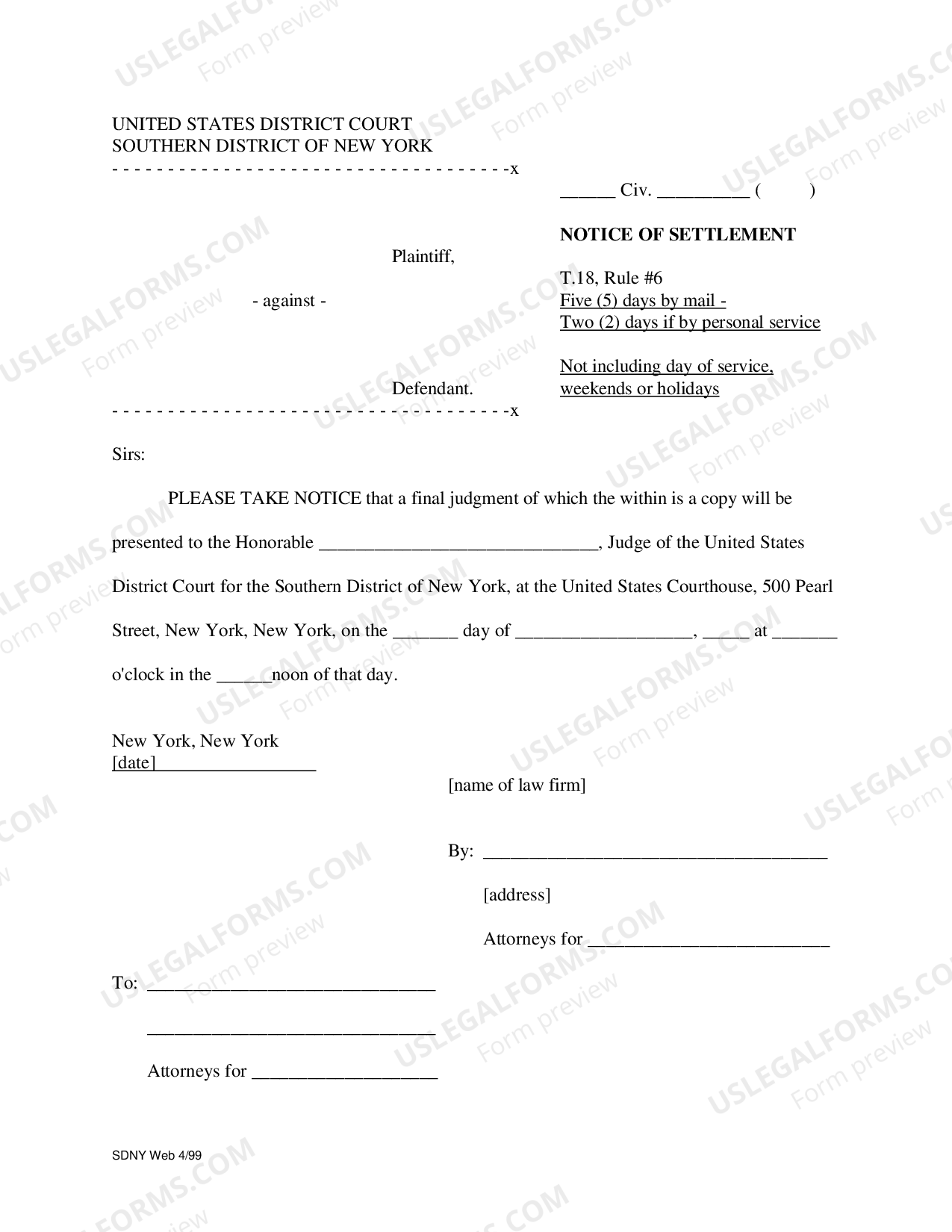 New York Notice of Settlement US Legal Forms