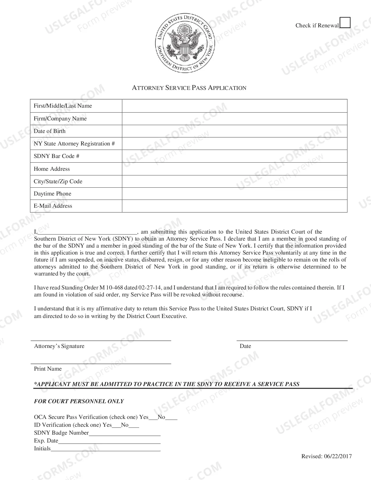 Preview Attorney Service Pass Application