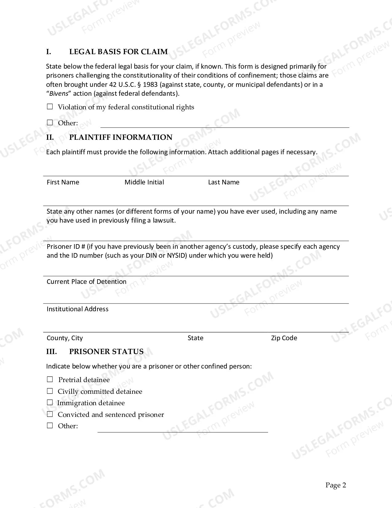 Preview Complaint - Prisoner Civil Rights, 42 USC 1983