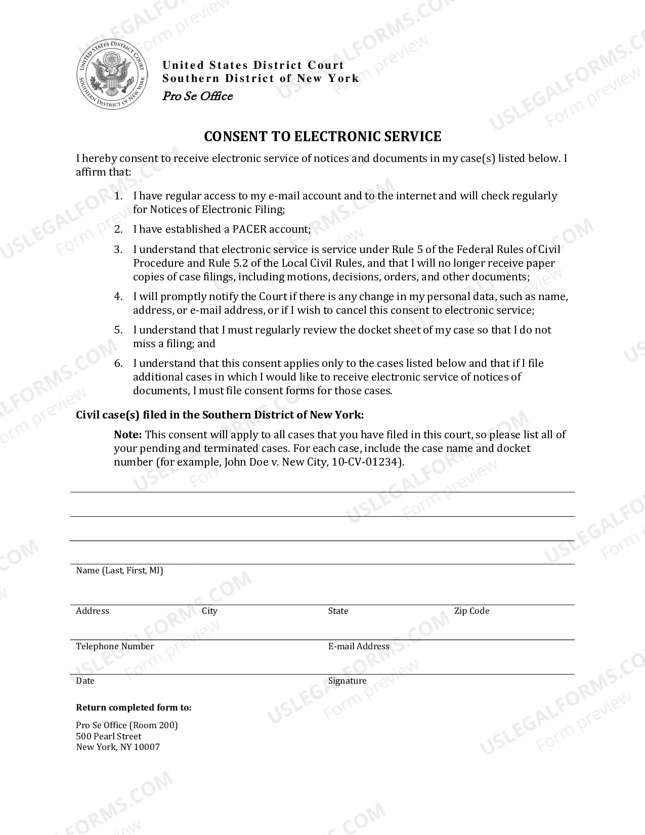 Preview Consent to Electronic Service (for pro se cases)