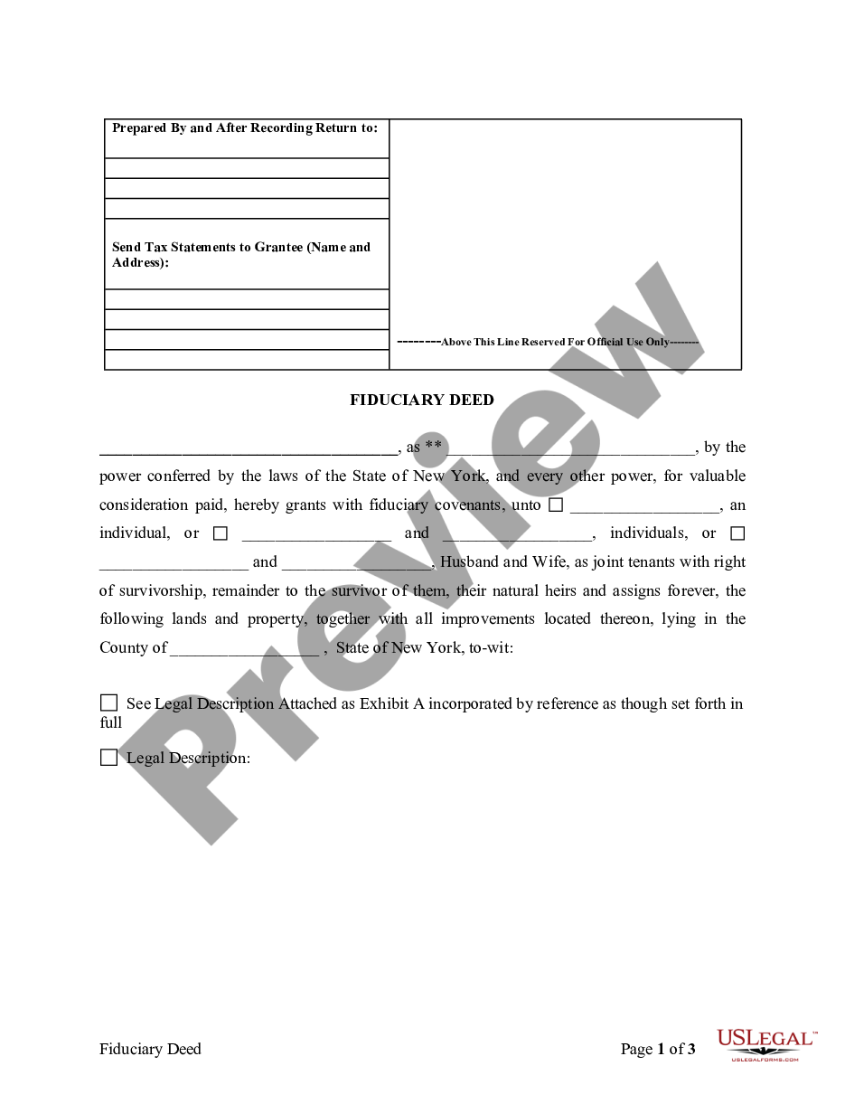 New York Fiduciary Deed For Use By Executors Trustees Trustors Fiduciary Deed Us Legal Forms 8168