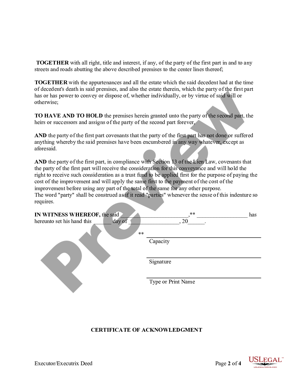 New York Warranty Deed For Use By An Executor Executrix New York Executrix Us Legal Forms 9543