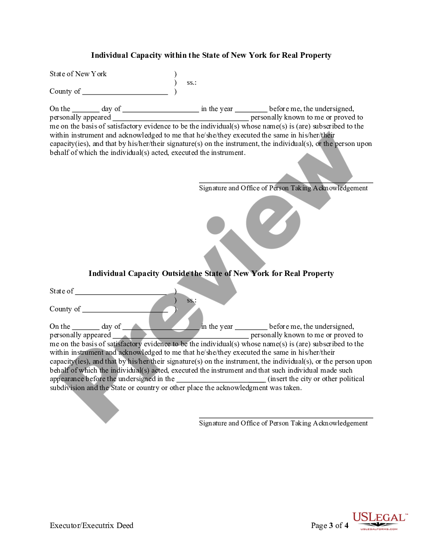 New York Warranty Deed For Use By An Executor Executrix New York Executor Us Legal Forms