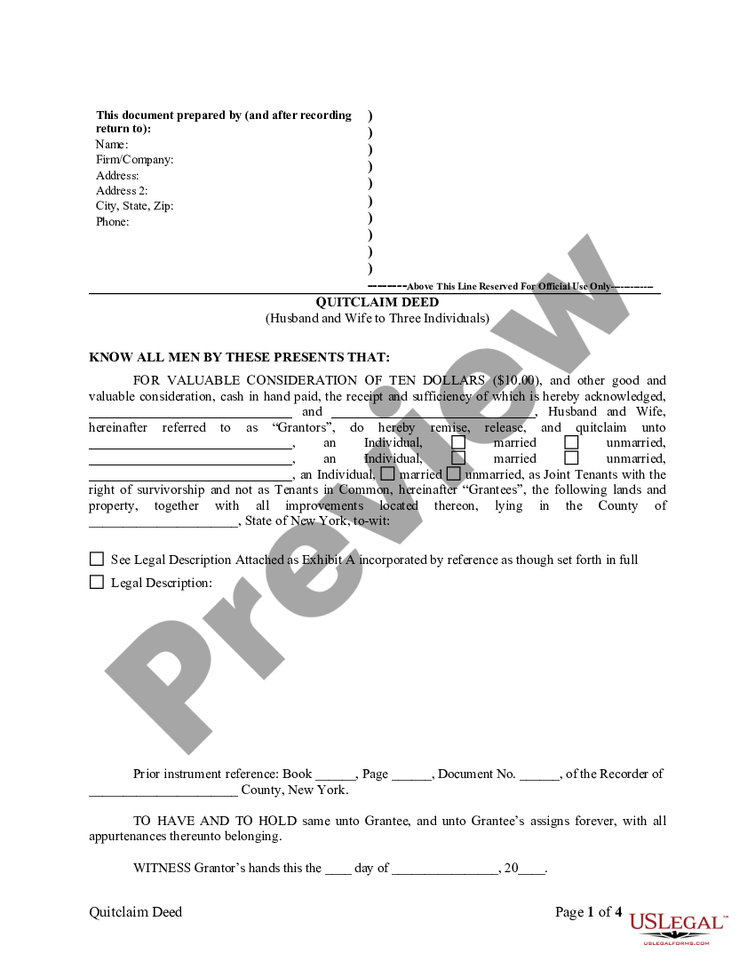 New York Quitclaim Deed from Husband and Wife to Three Individuals as ...