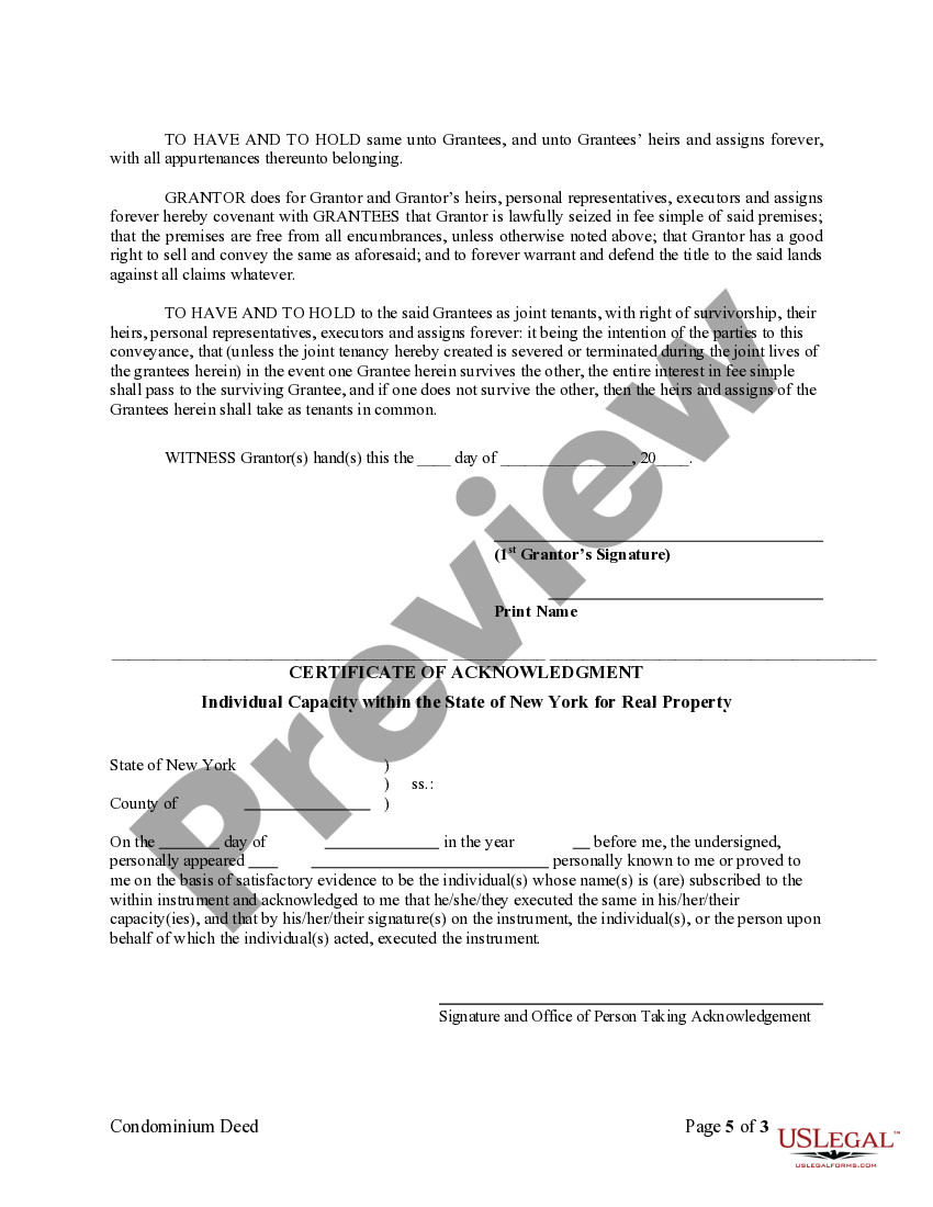 New York Condominium Deed from Individual to Husband and Wife as Joint