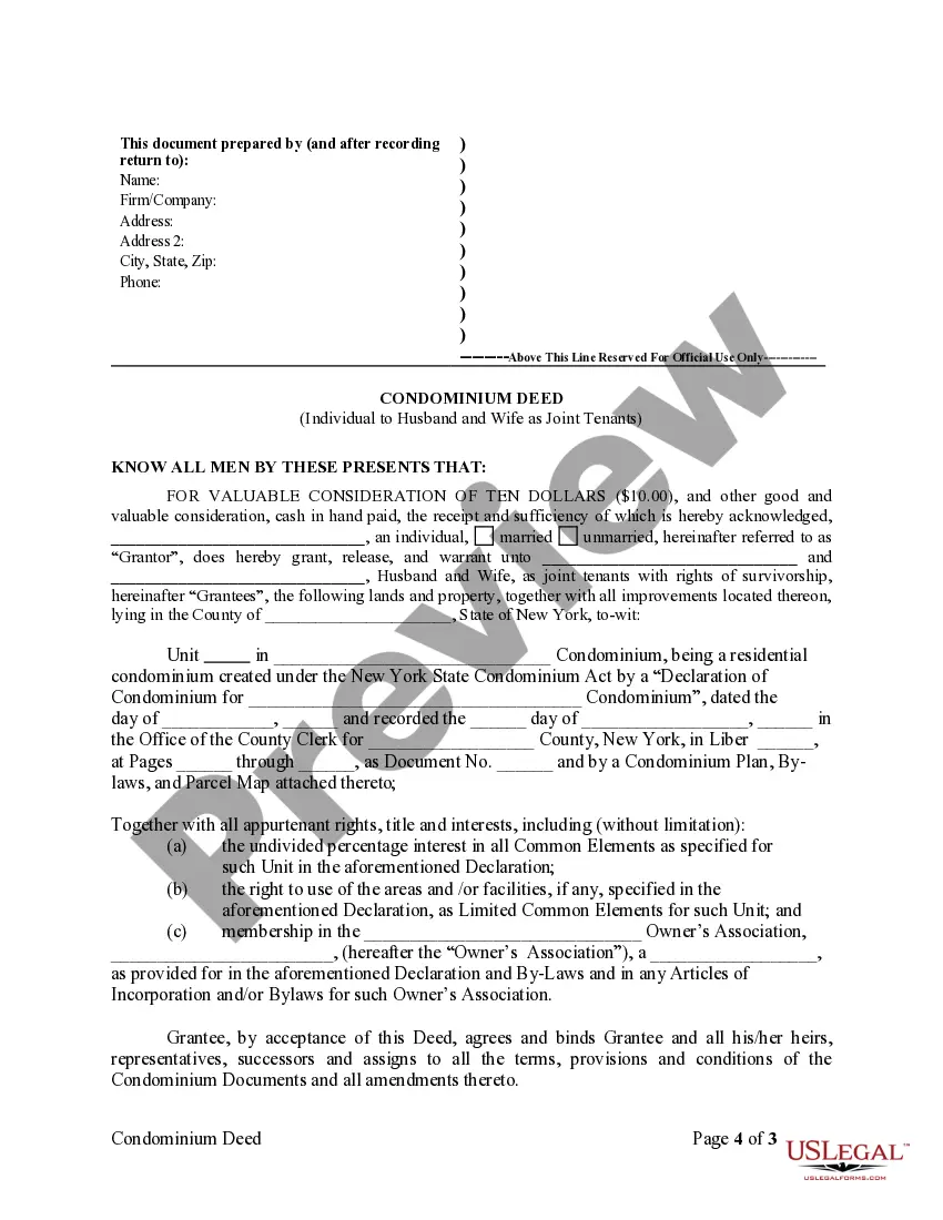 Preview Condominium Deed from Individual to Husband and Wife as Joint Tenants