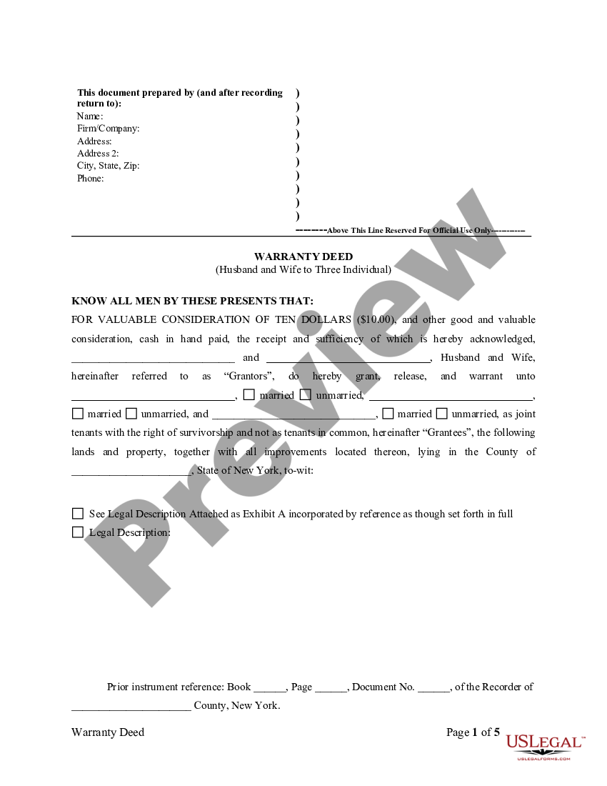 New York Warranty Deed For Husband And Wife To Three Individuals As Joint Tenants With Right Of 0563