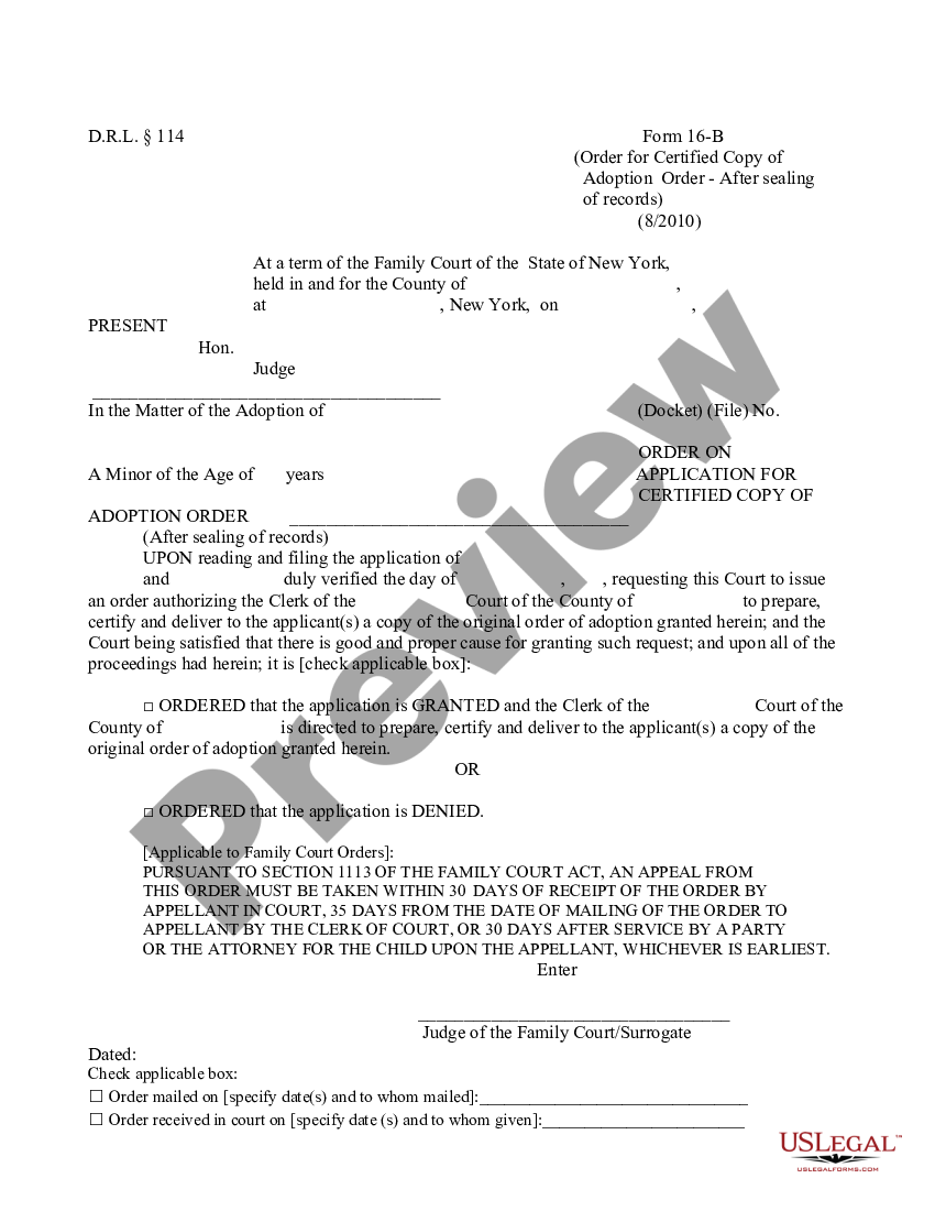 New York Order for Certified Copy of Adoption Order - After sealing of ...