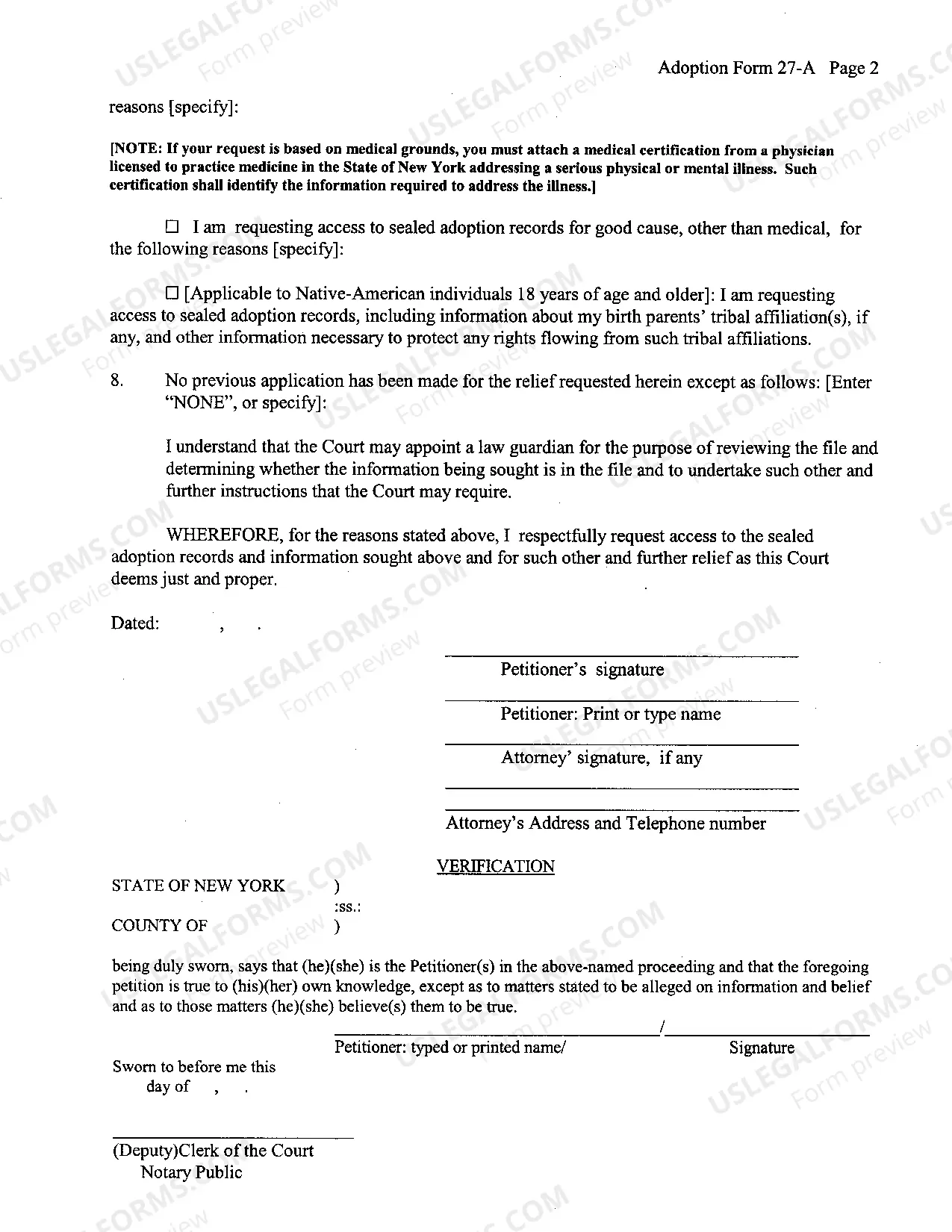 Preview Petition For Access To Sealed Adoption Records (Domestic Relations Law - Section 114)