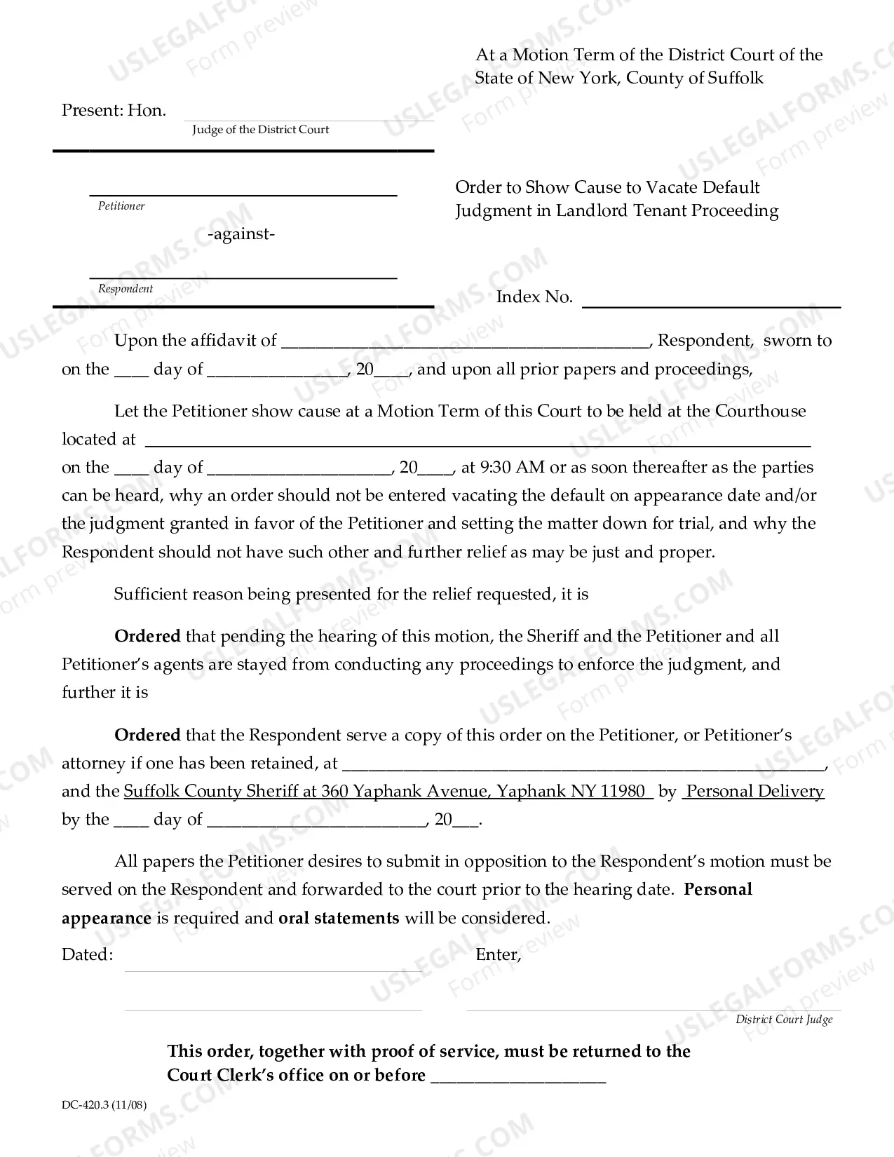 Preview Order To Show Cause To Vacate Default Judgment In Landlord Tenant Proceeding