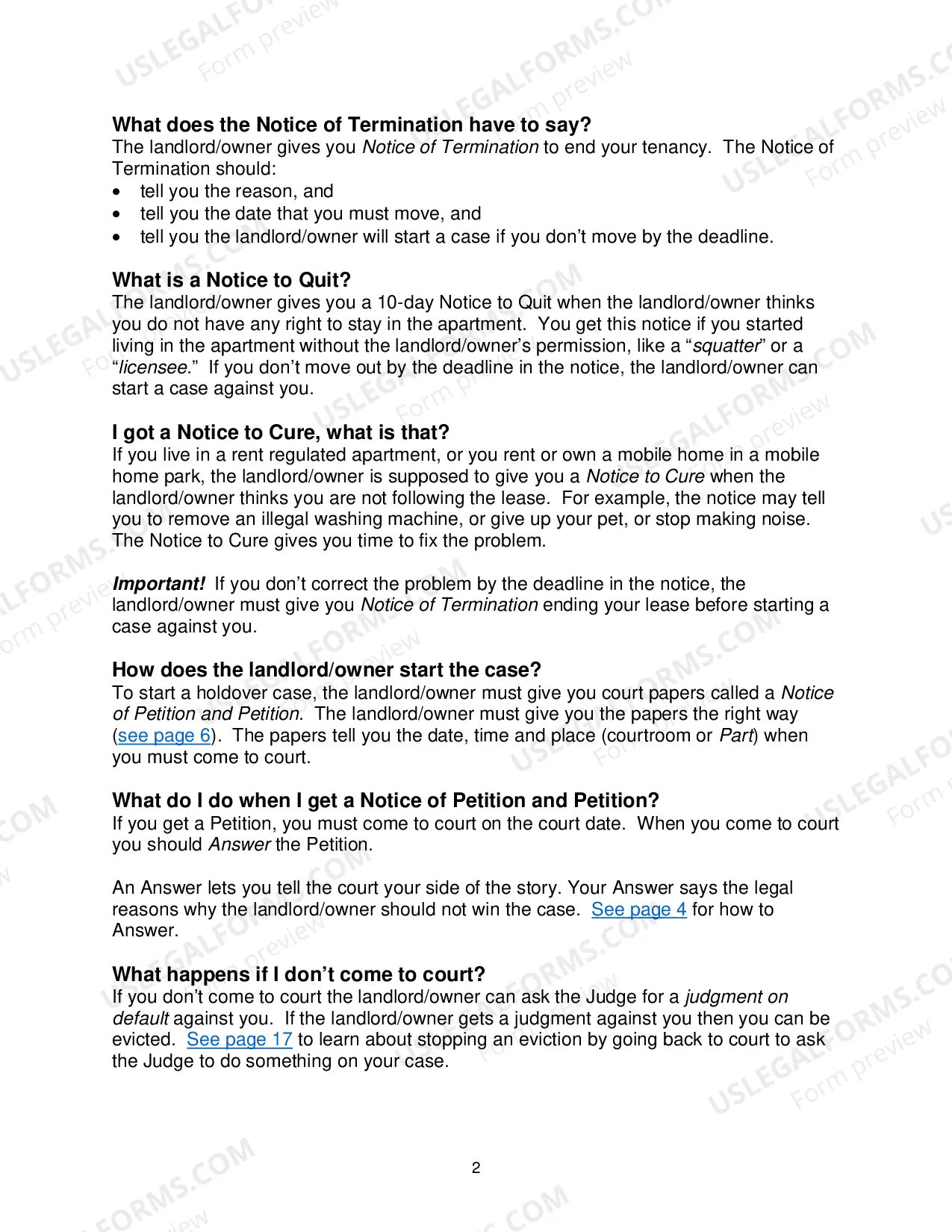 Preview Tenant Questions & Answers: Holdover Eviction Cases in New York State